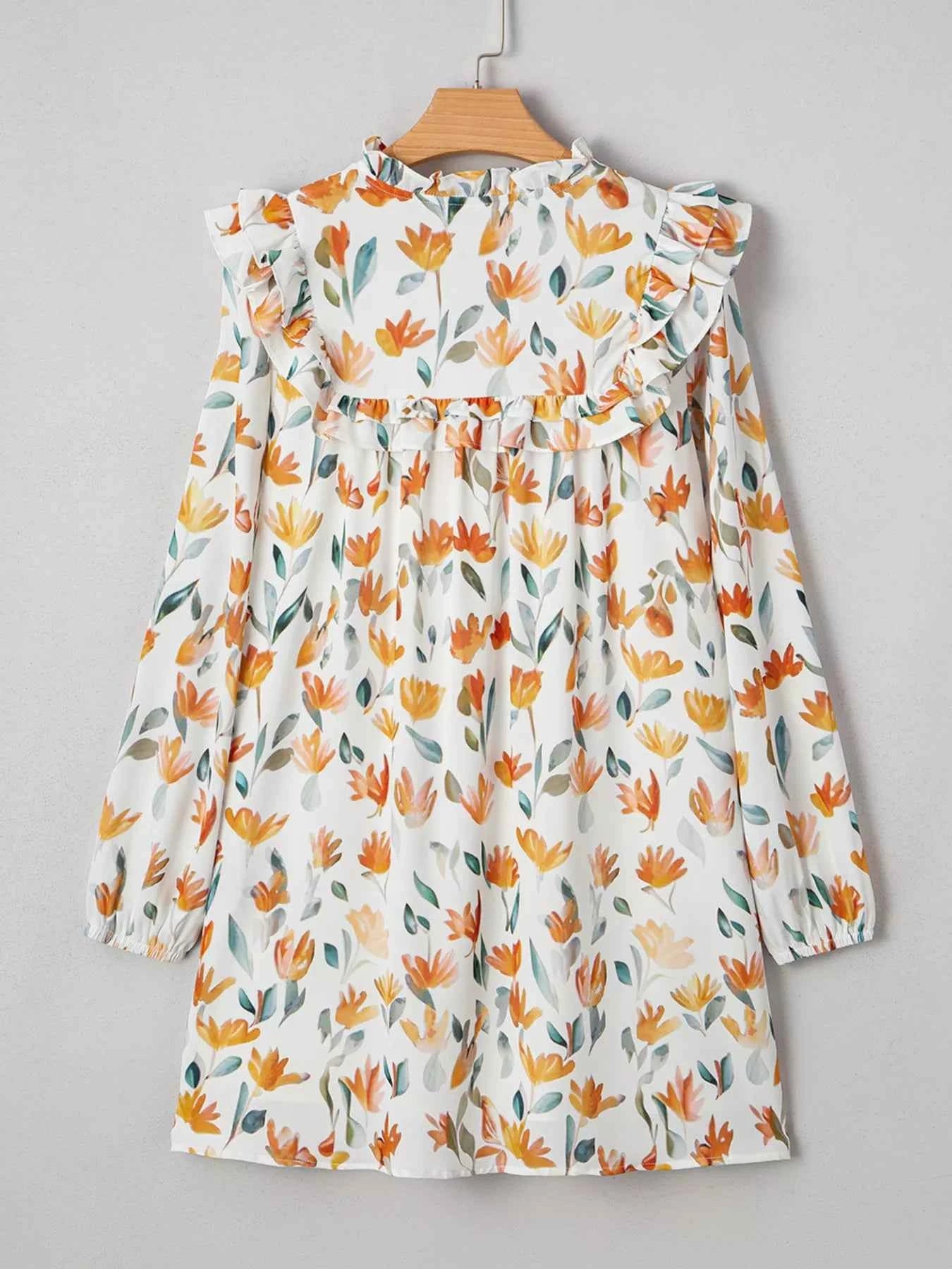 Floral Print Tie Neck Frilled Detail Long Sleeve Mini Dress 6a35b3a1016a428bb571f6ea0ab5cbf4-Max-Origin