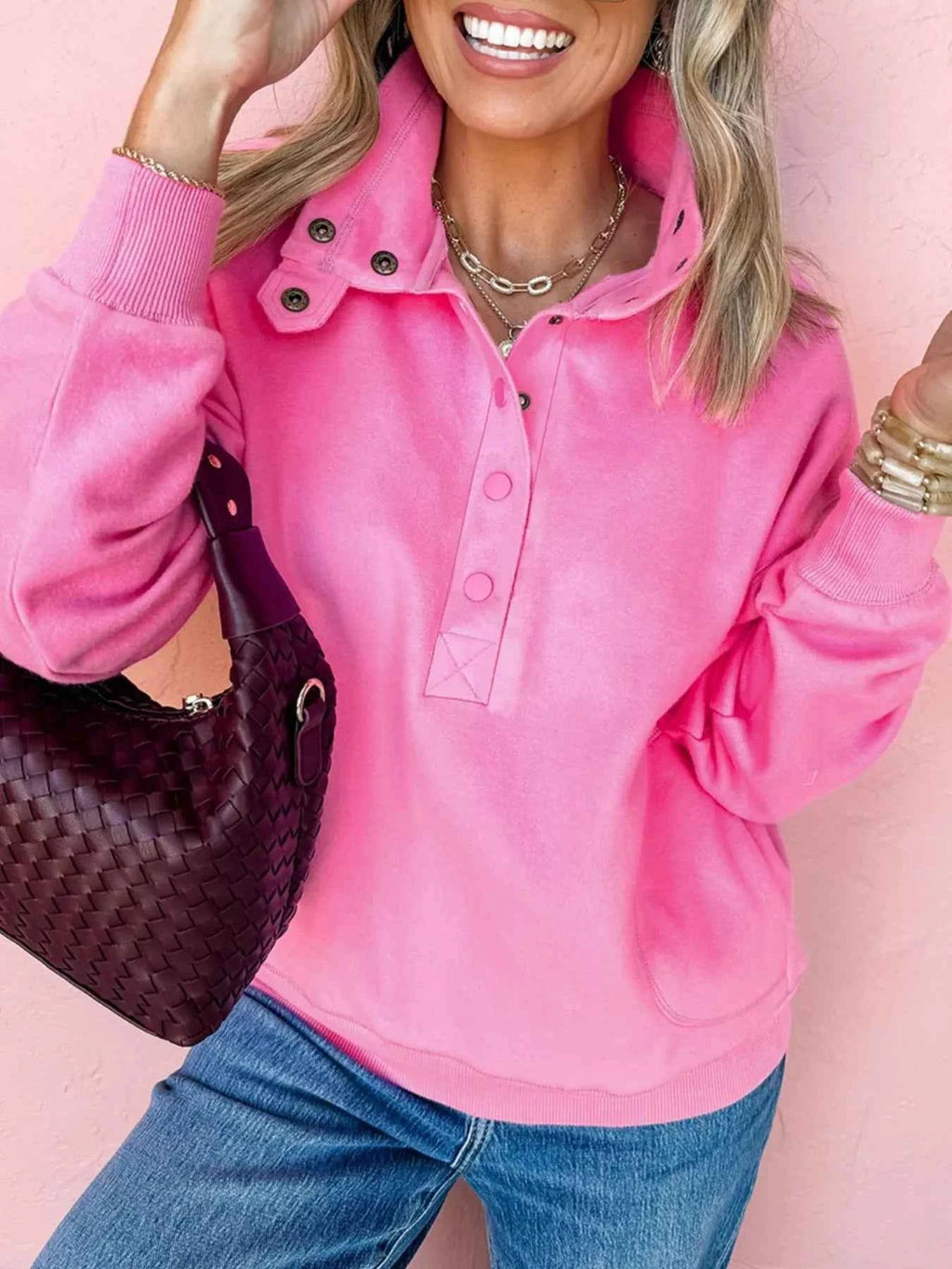 Snap Front Long Sleeve Sweatshirt Fuchsia Pink 6a4a69ae-caca-4777-8cab-3f04a478b18c-Max-Origin