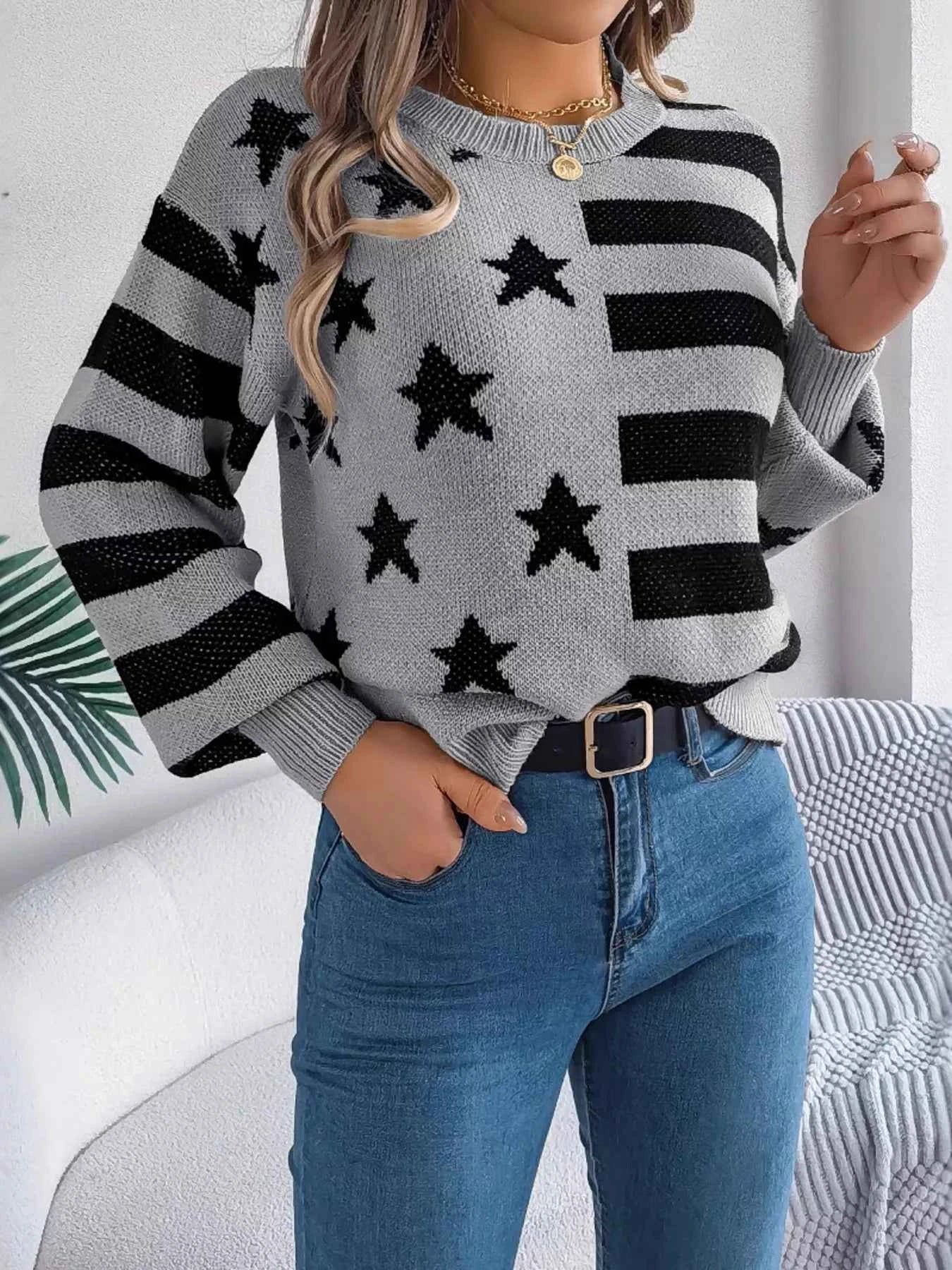 Stars and Stripes Pattern Casual Round Neck Sweater 6a5c77c9323f4a41baf2f08c446da7c1-Max-Origin