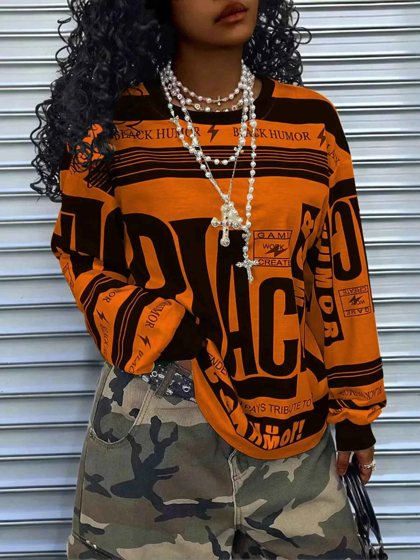 Printed Drop Shoulder Long Sleeve T-Shirt Orange 6a5e445f03744667b1beedcbf118e415-Max-Origin