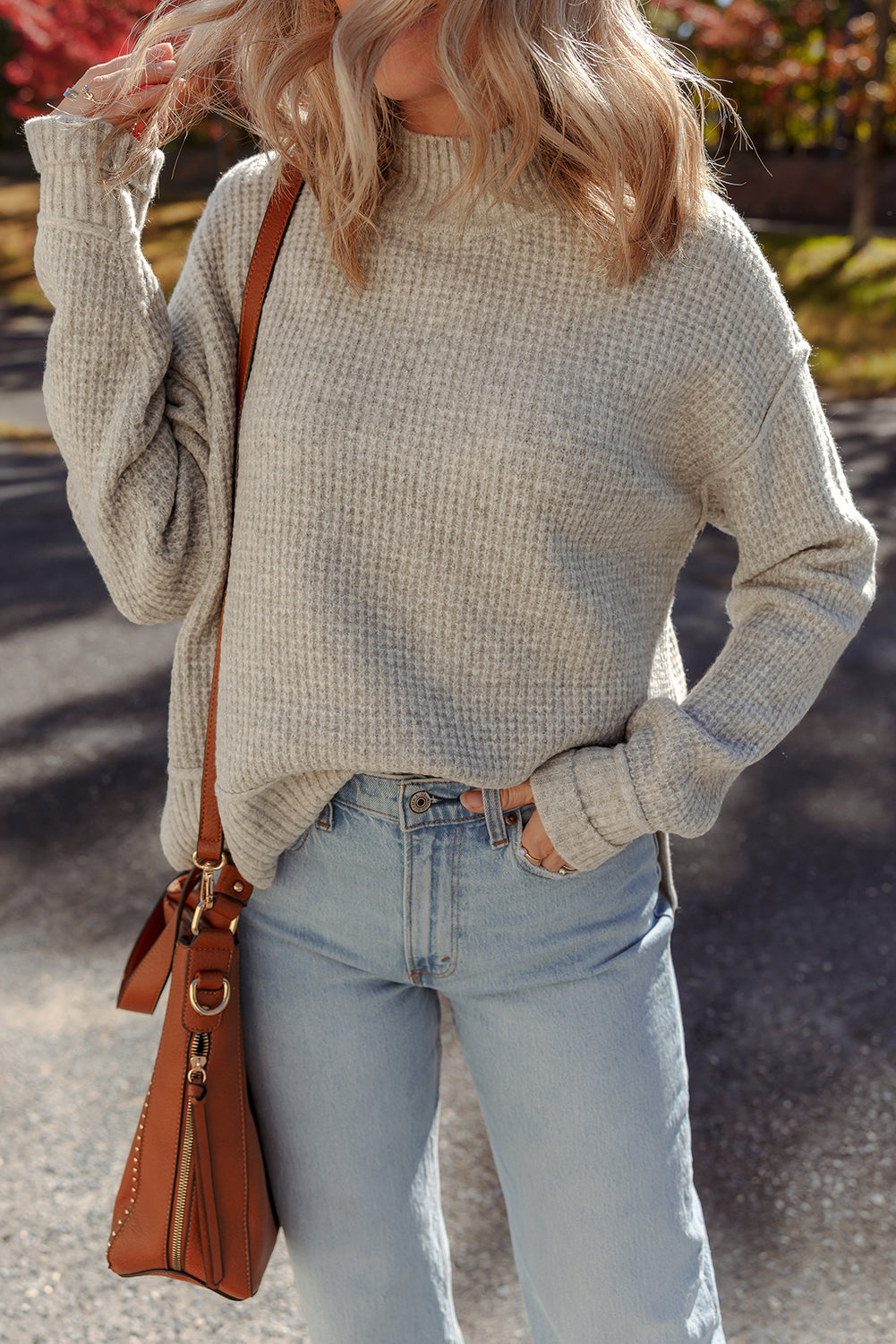 Gray Morn Waffle Knit Ribbed High Neck Drop Shoulder Sweater 6a5f1726c7177c47