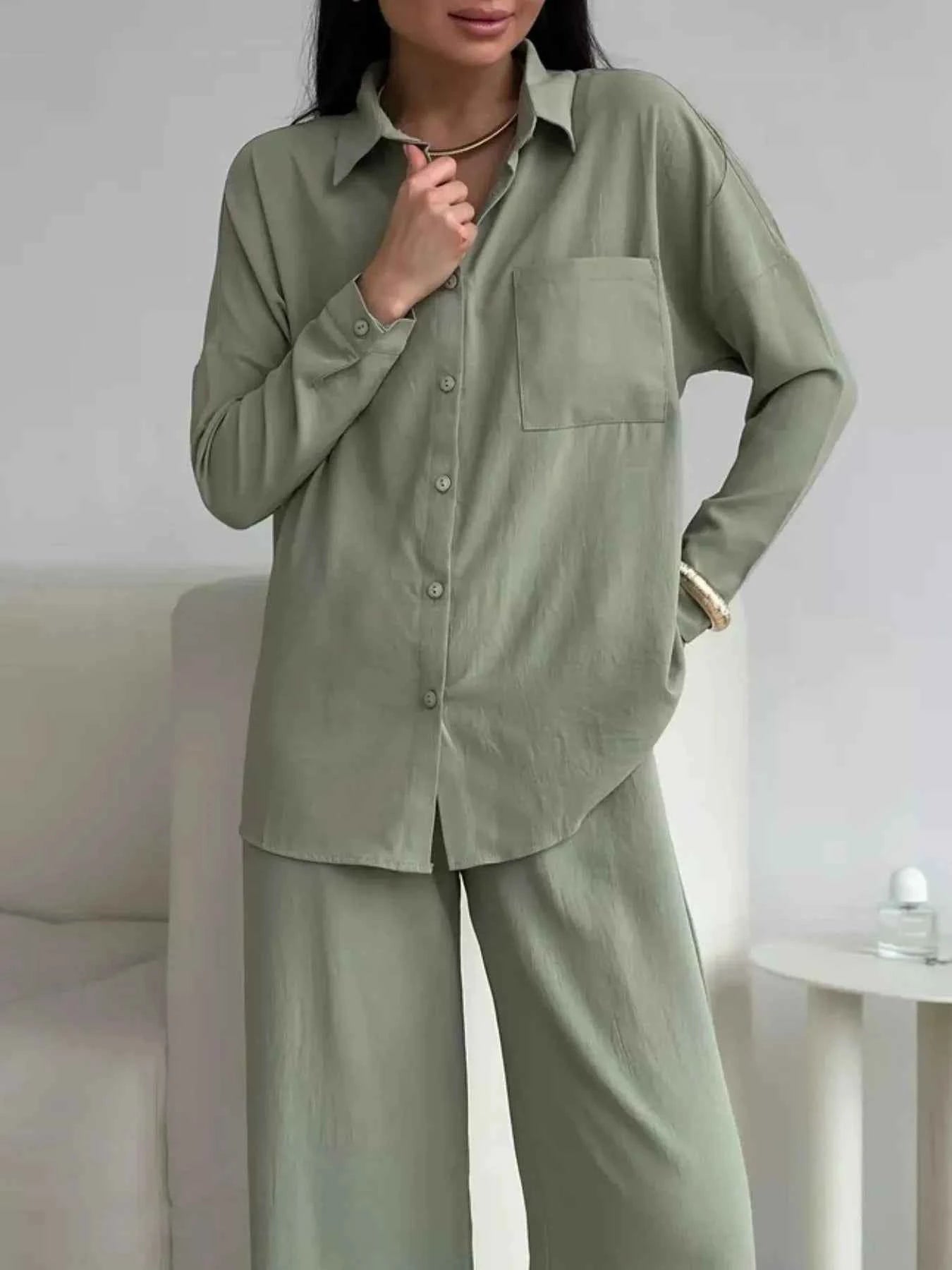 Button Up Long Sleeve Shirt and Pants Set Army Green 6a8bf556-cc77-4d0a-a268-bf7d26e25614-Max-Origin