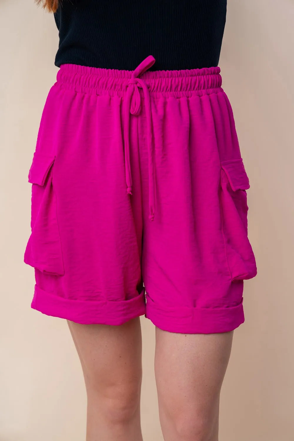 White Birch High Waisted Drawstring Knit Cargo Shorts Fuchsia 6a96ca6a-a89b-4c38-aa0e-d97107f05819-Max