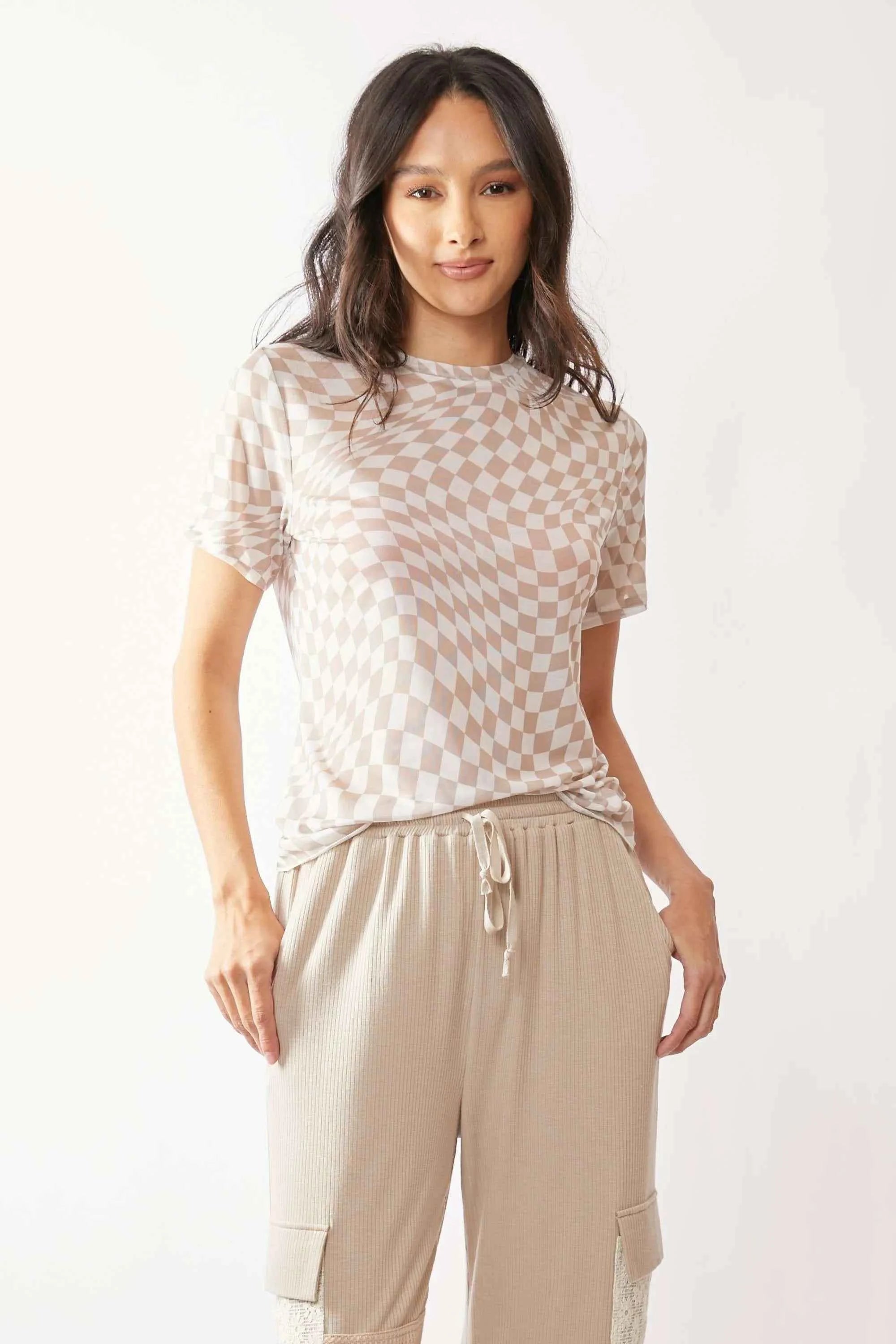Davi & Dani Checker Board Printed Mesh Short Sleeve Top IVORY TAUPE 6aa98c0aa5da46379d7841151324bec2-Max-Origin