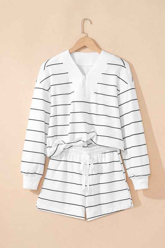 Stripe Zip-Up Drop Shoulder Pullover and Short Set 6ab1c6df-7808-401b-bf4c-c3d01fa721b9