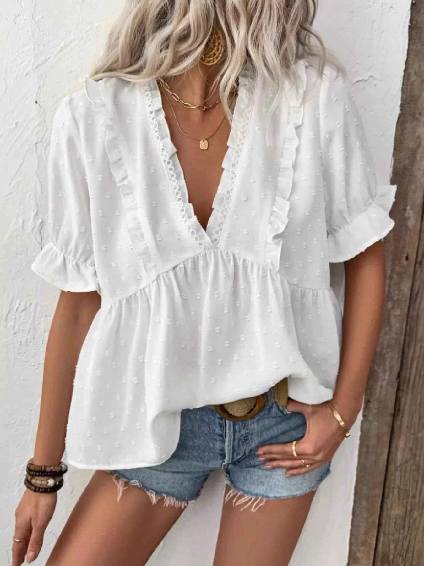 Swiss Dot Ruffled V-Neck Blouse with Flounce Sleeves 6aba01430fdf4cd0bc962aad128708e0-Max-Origin