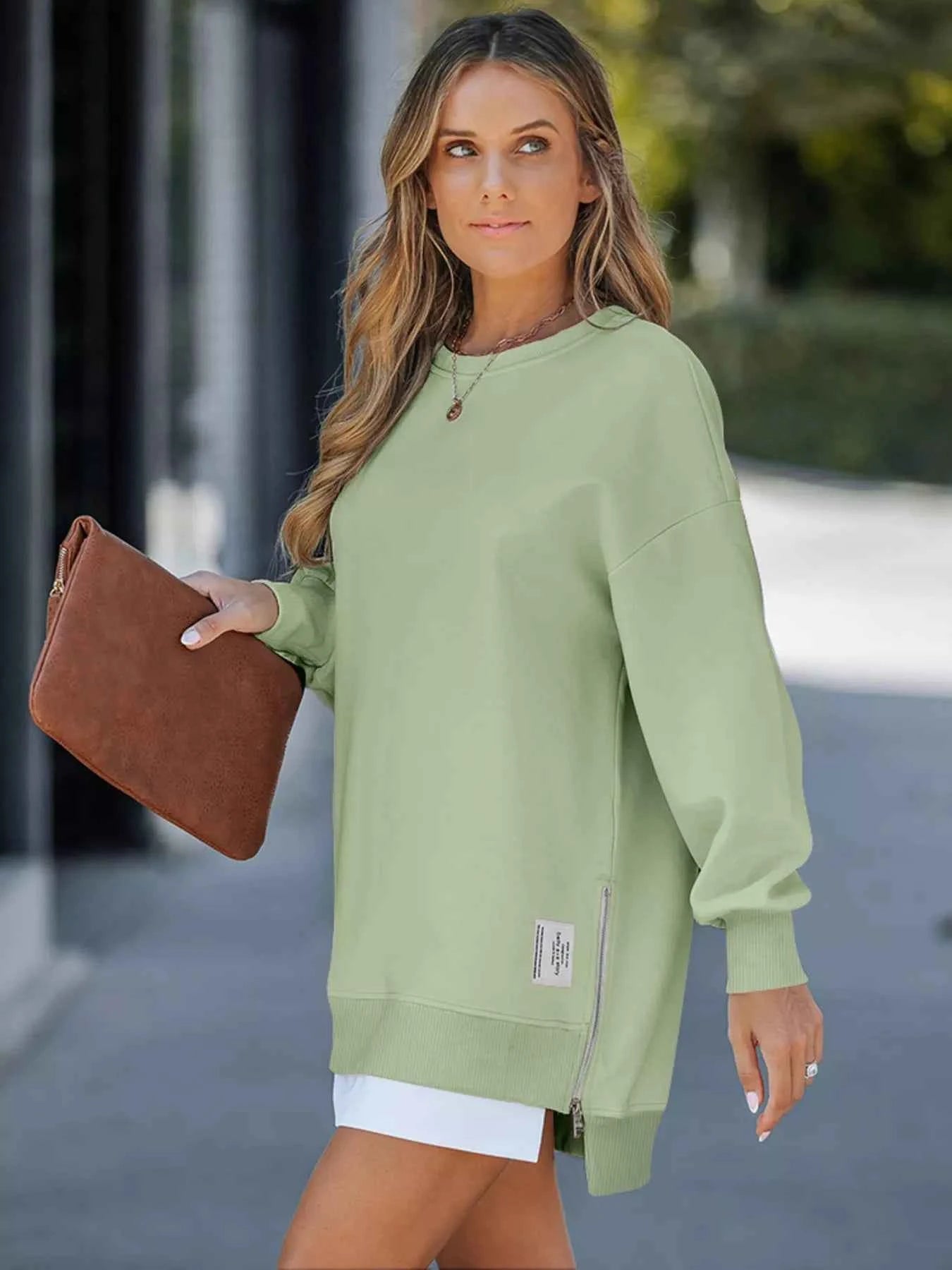 Side Slit Round Neck Long Sleeve Sweatshirt Light Green 6aba312a28b04600b888d2516944805e-Max-Origin