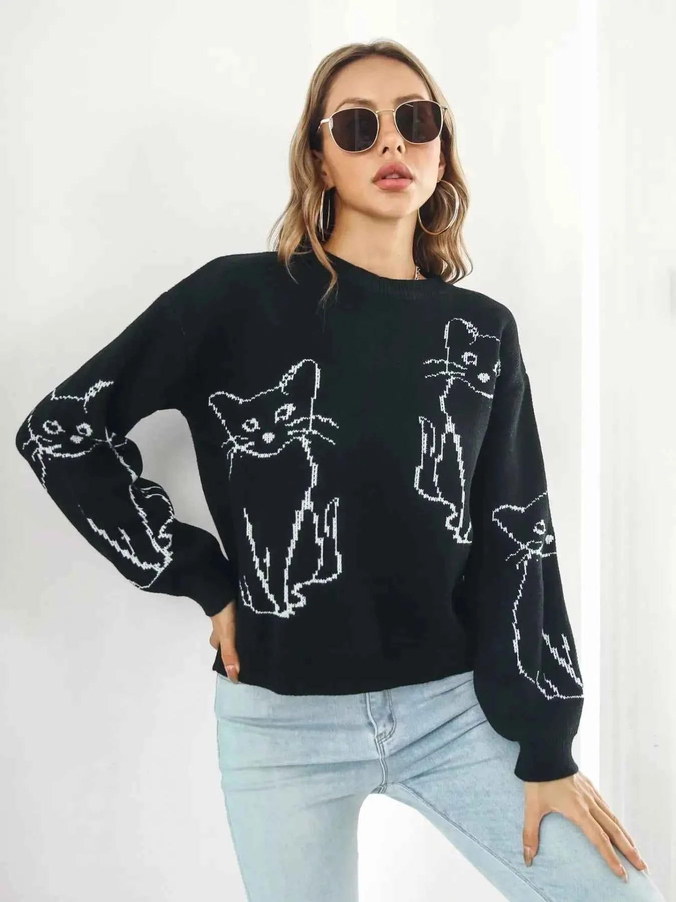 Round Neck Long Sleeve Sweater Black 6abd1f2e-29a1-4f84-bb10-bb99bb8d2255-Max-Origin