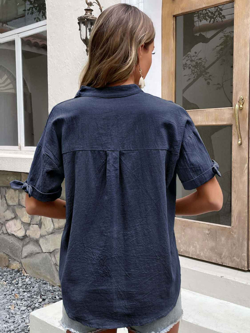 Perfee Buttoned Notched Neck Cuffed Sleeve Blouse 6acb93fc82ed4af3b095fec63f74ec9e-Max