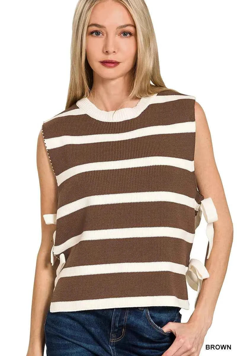 Zenana Side Tie Stripe Sweater Vest BROWN 6af28eb6a761410c9a965a650ef26c75-Max-Origin