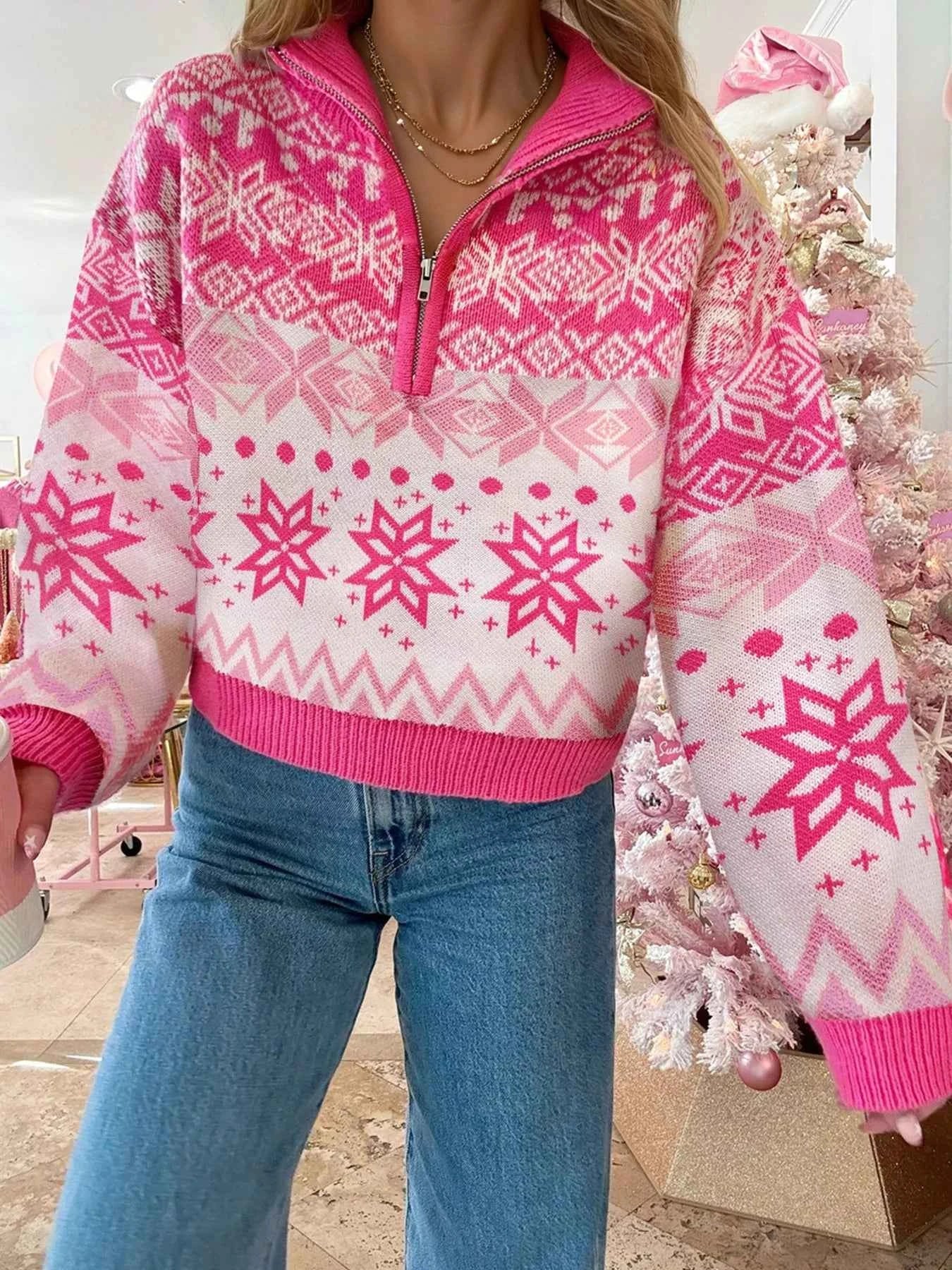 Christmas Snowflake Quarter Zip Collard Sweater Strawberry 6b0cfdc1810e4dd9af0aca55186243b9-Max-Origin