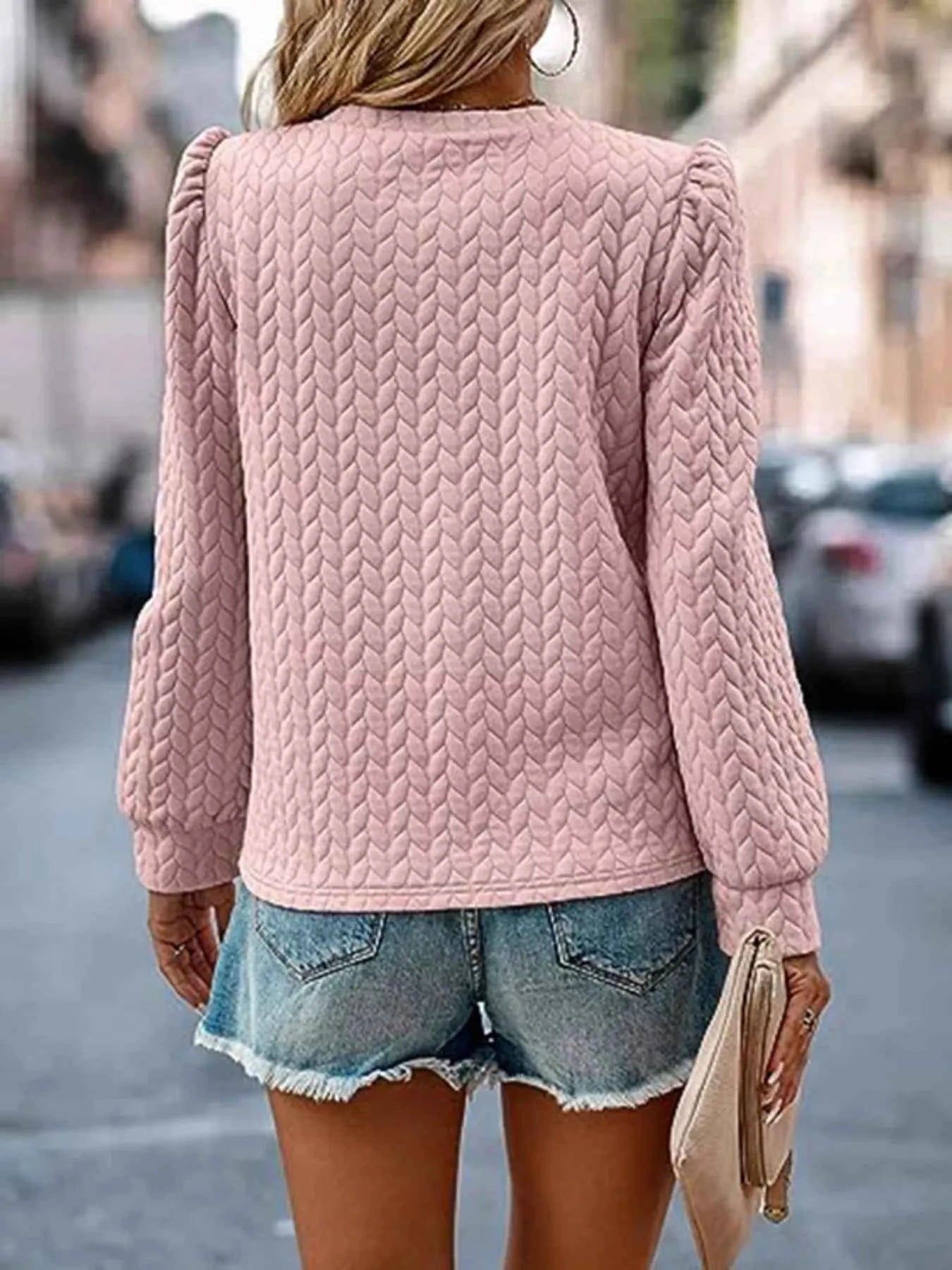 Texture Round Neck Long Sleeve Sweatshirt 6b1551c64bbf4451a6a8aae461cd5b87-Max-Origin