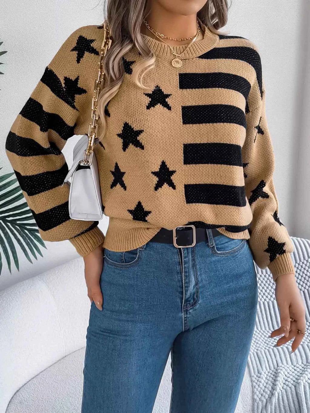 Stars and Stripes Pattern Casual Round Neck Sweater 6b18fe99-329a-46b9-b166-0a29737d4db1-Max-Origin