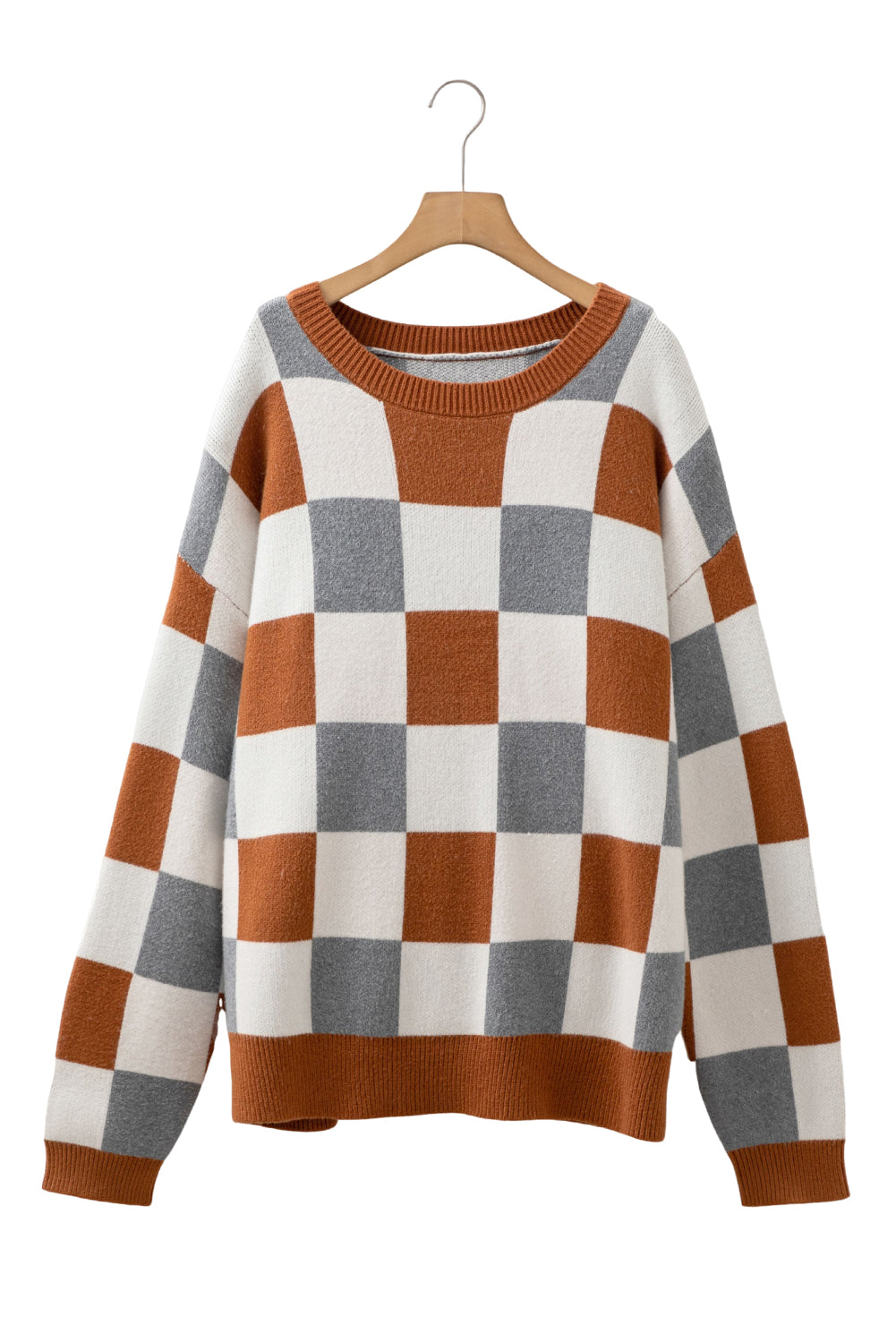 Brown Colorblock Checkered Drop Sleeve Plus Size Sweater 6b262a30d435d587