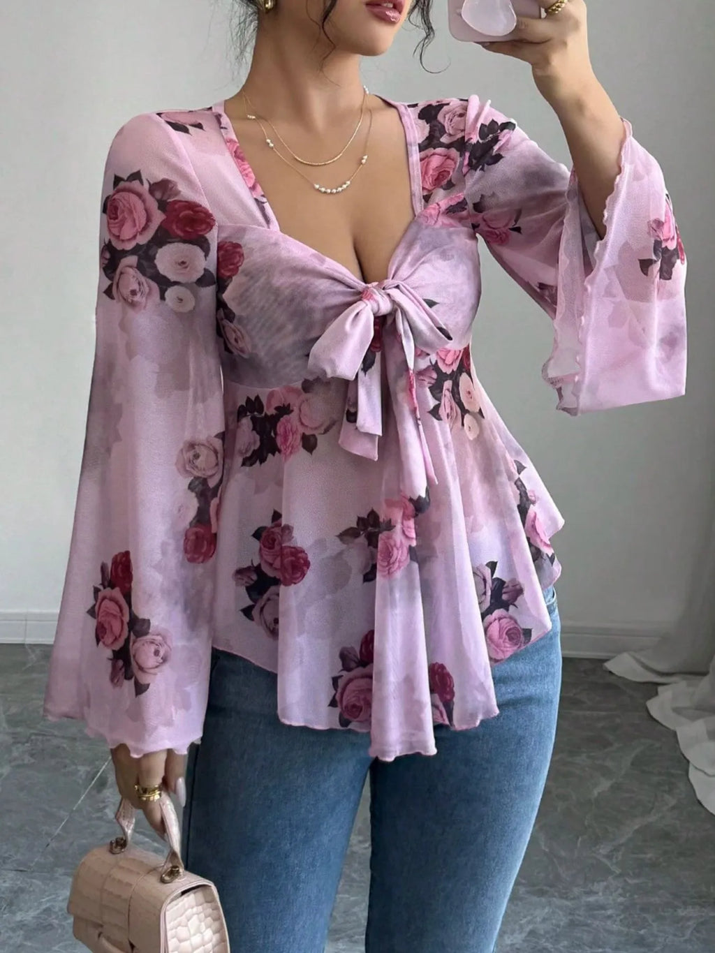 Floral Tie Front Flare Sleeve Blouse 6b29b60c-37ac-42e2-b0e3-6af4cd4fe782-Max-Origin