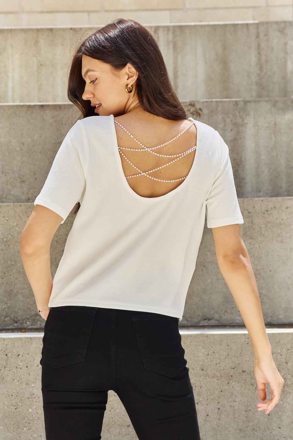 And The Why Pearly White Full Size Criss Cross Pearl Detail Open Back T-Shirt Off White 6b2d4098a2cd49ccb3646099eaded0fd-Max