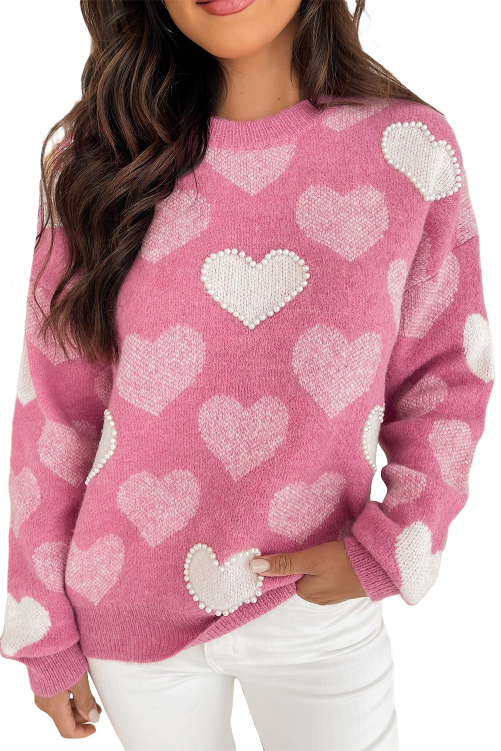 Pink Pearl Heart Print Valentines Crew Neck Sweater 6b3adcbc7046d44d