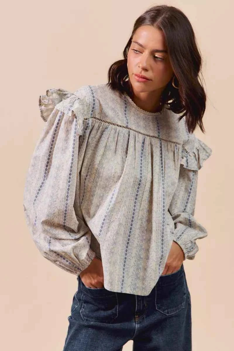 SO ME Floral Cotton Print Ruffled Long Sleeve Blouse 6b40158e48344e71b7bb01282421cc27-Max-Origin