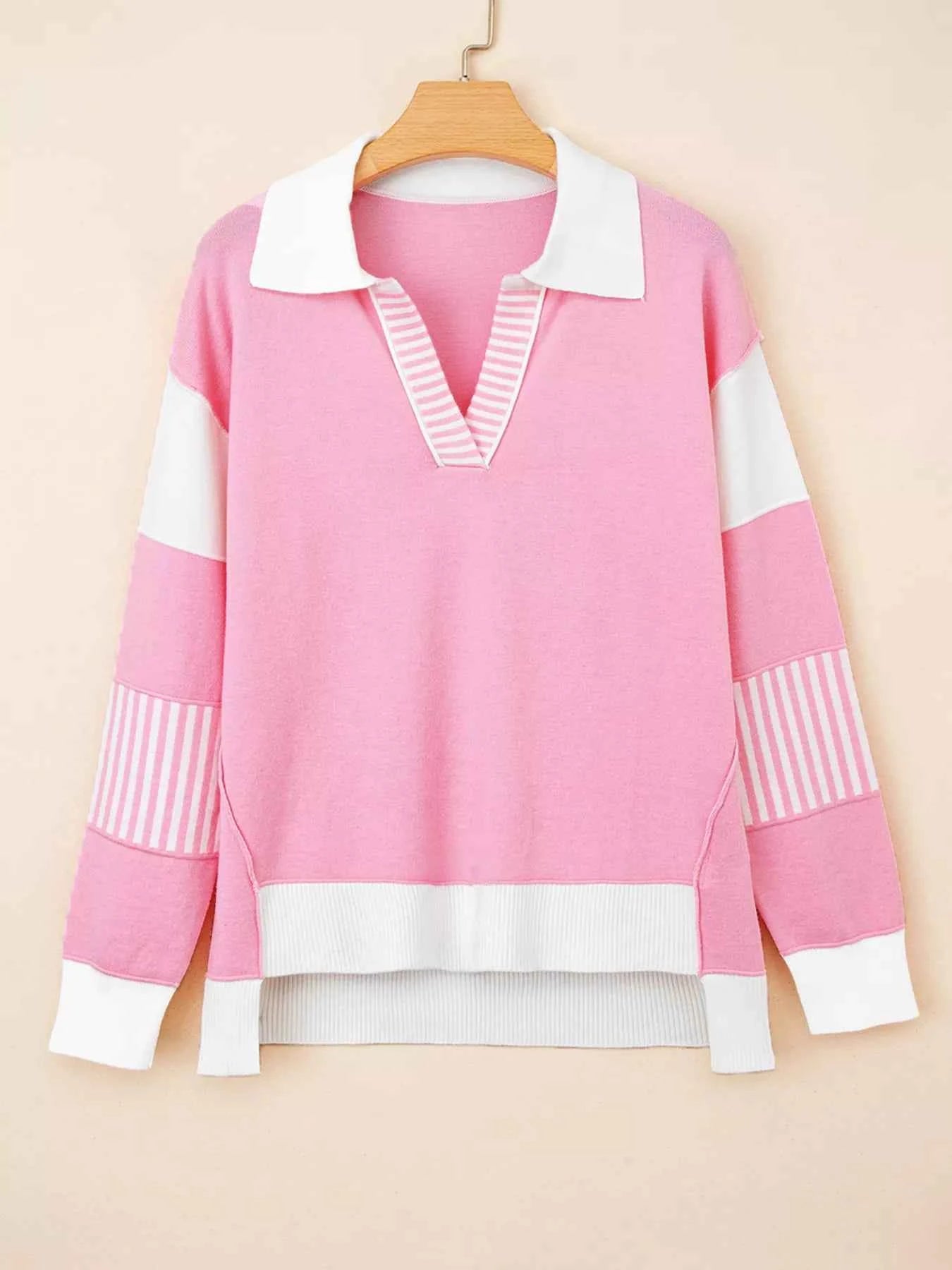 Contrasting Polo Collar Color Block Knit Drop Shoulder Sweater 6b42e040c66b4c748d6847a31f16386d-Max-Origin