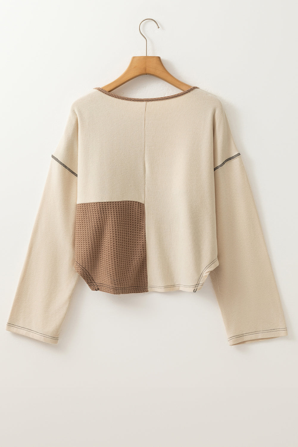 Beige Waffle Patchwork Stitch Detail Long Sleeve Henley Top 6b4d3b98b555dd2b