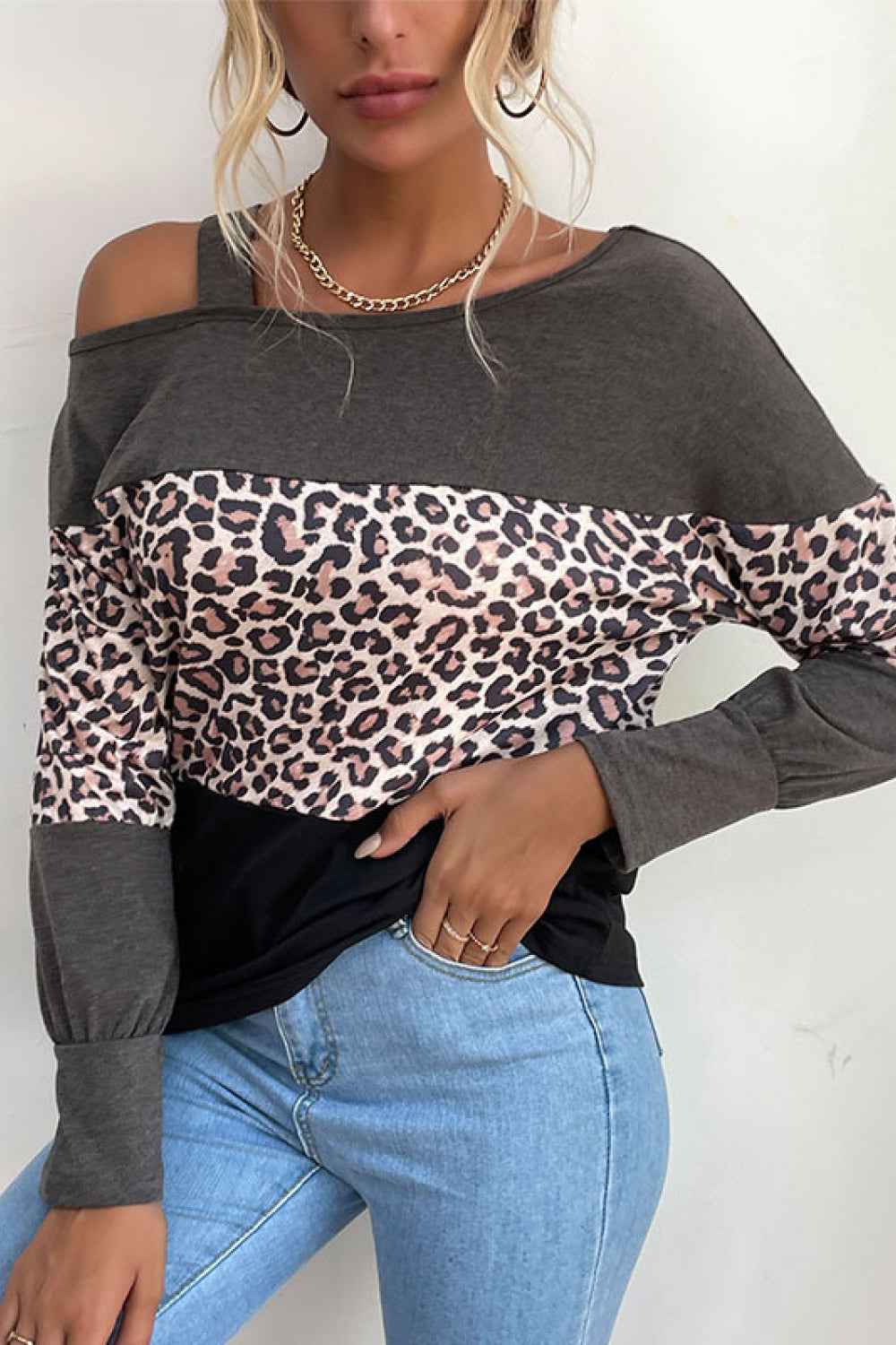 Perfee Leopard Print Color Block Cold Shoulder Top 6b5700584d0d43a9a901f4aab8604ac8-Max