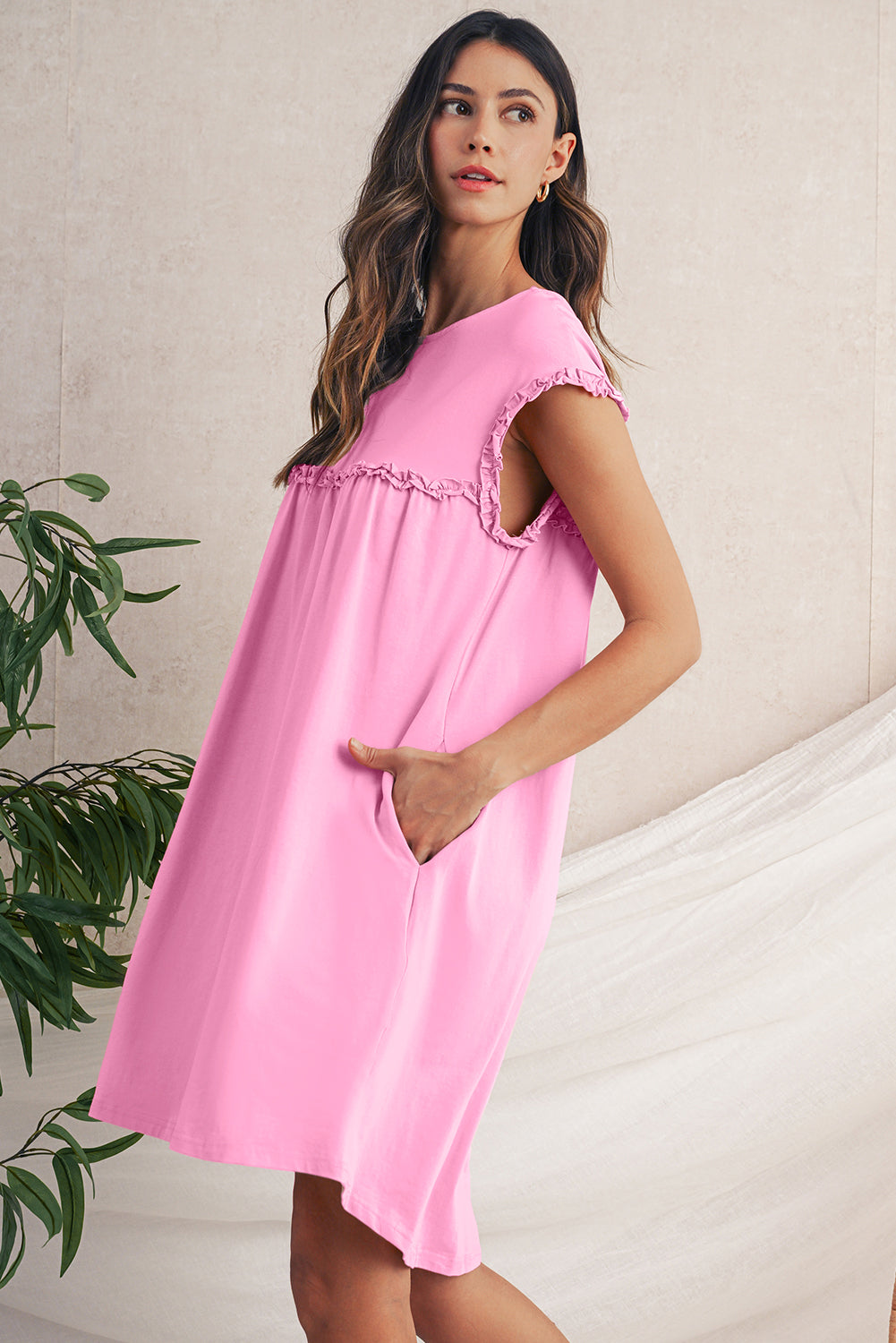 Mint Green Frilled Trim Crewneck Loose Fit Mini Dress 6b622aabf76b91d7