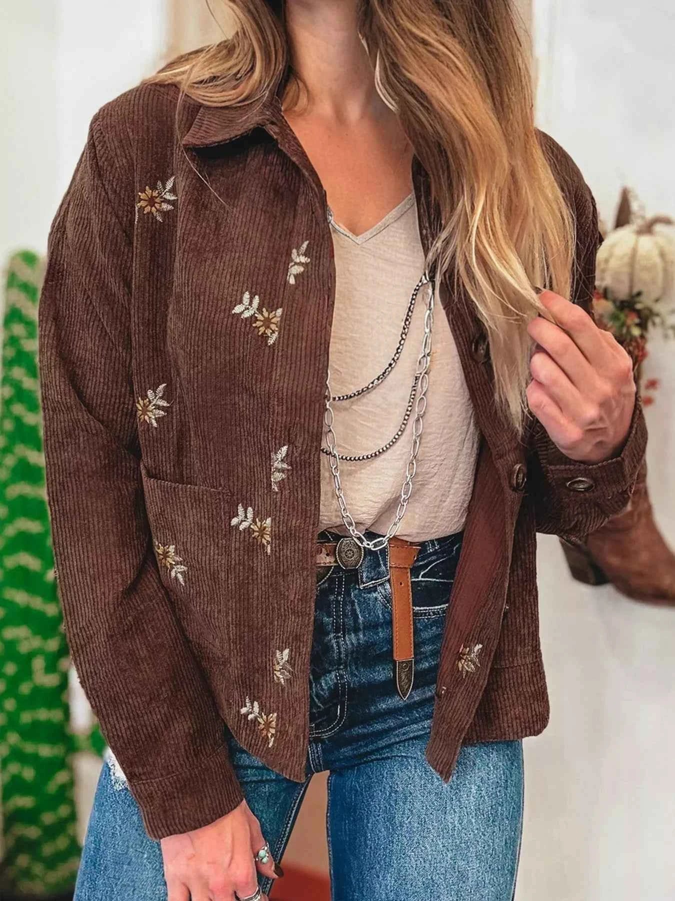 Floral Embroidered Collar Button Front Corduroy Jacket Brown 6b727080103d48149cabcddbac46f75d-Max-Origin