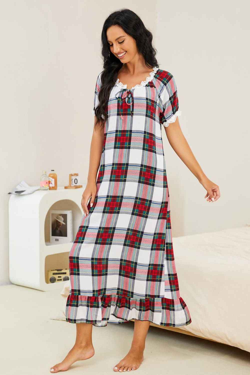 Plaid Lace Trim Ruffle Hem Night Dress 6b72a63cf88341ca83c6ac26ad620671-Max