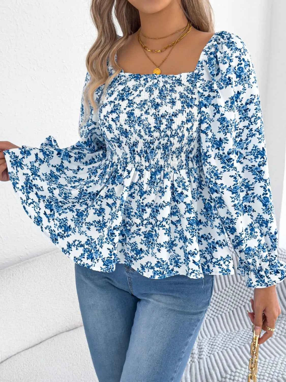 Floral Square Neck Flounce Sleeve Blouse Sky Blue 6b7b9dcb-3dad-4c30-8a7a-d983b5086f40-Max-Origin