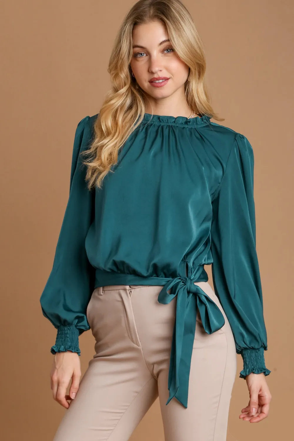 Umgee Frill Tied Hem Long Sleeve Blouse Deep Teal 6b81bac6-e86d-490c-be07-4a4a3aa4938a-Max