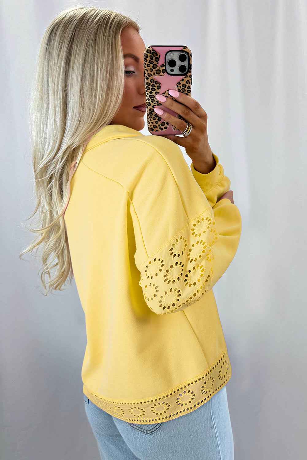 Yellow Cream Embroidered Flower Patchwork Snap Buttons Pullover Sweatshirt 6b8ff12cd2decfbf