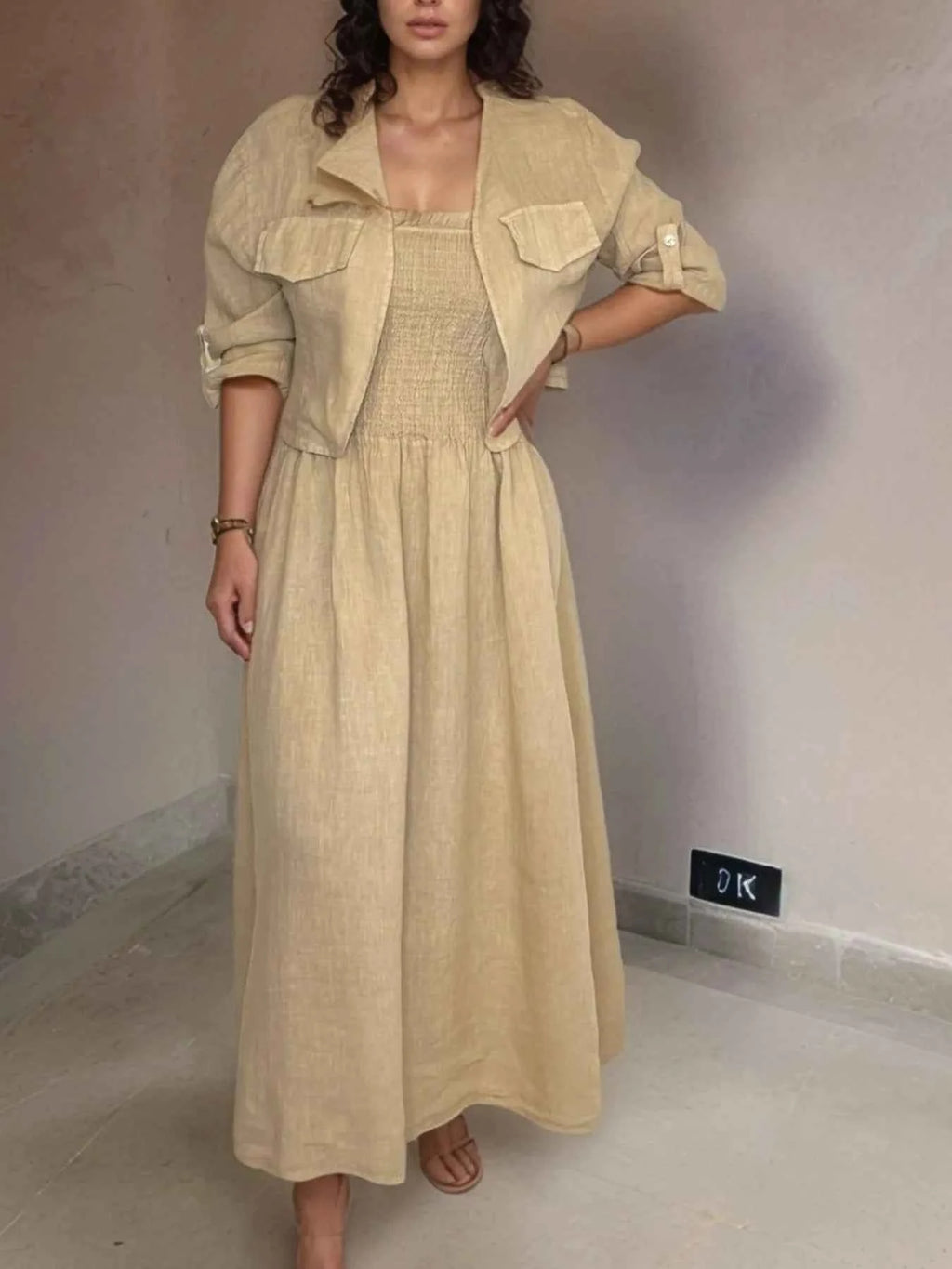 Full Size Smocked Cami Dress and Jacket Set Plus Size Khaki 6ba4183f-64a3-4450-9c55-8012bd736444-Max-Origin