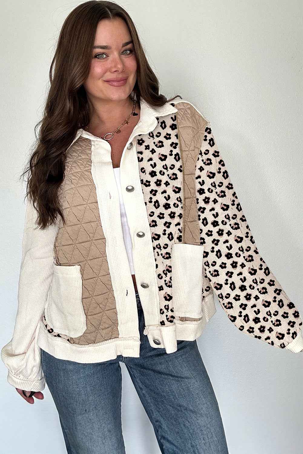 Khaki Leopard Waffle Quilted Patchwork Button Front Jacket 6ba55a91ca4dca3e
