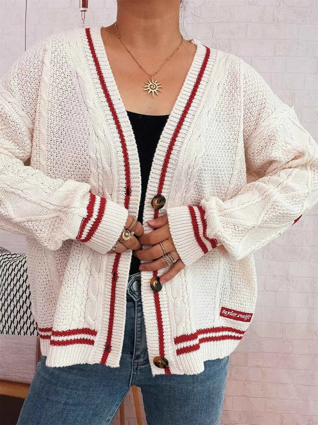 Star Pattern Button-Up Cardigan with Contrast Trim 6bc2bd1fc15c4fcfbae64c2b76a67788-Max-Origin