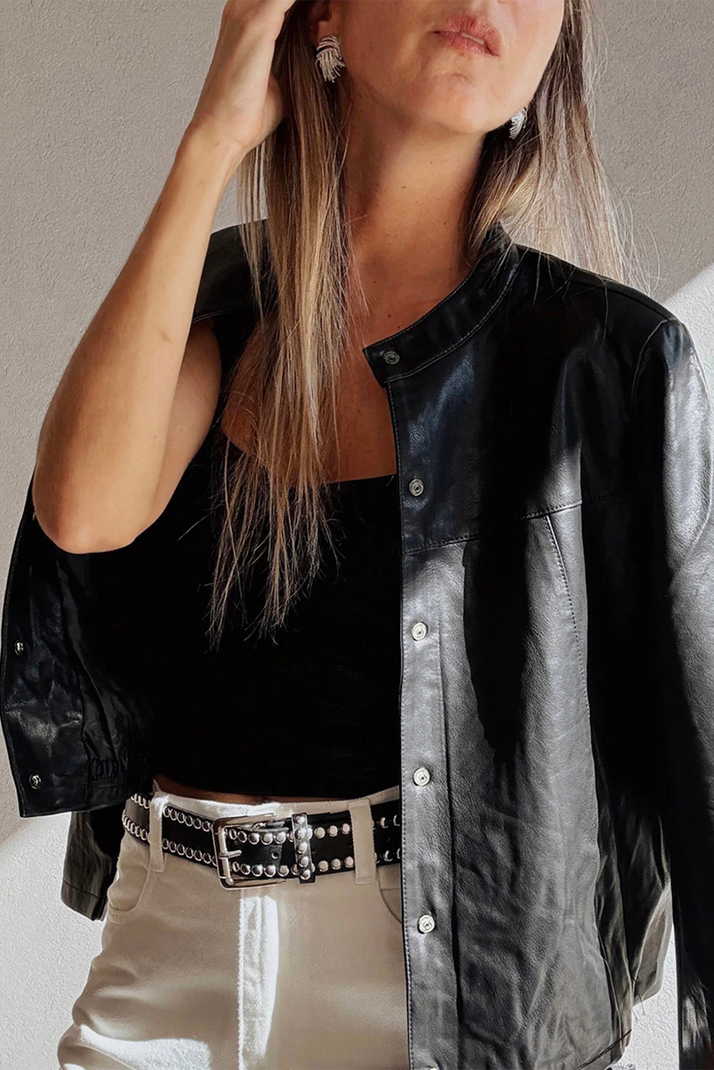 Black Faux Leather Buttoned Front Boxy Jacket 6bec37f0265df697