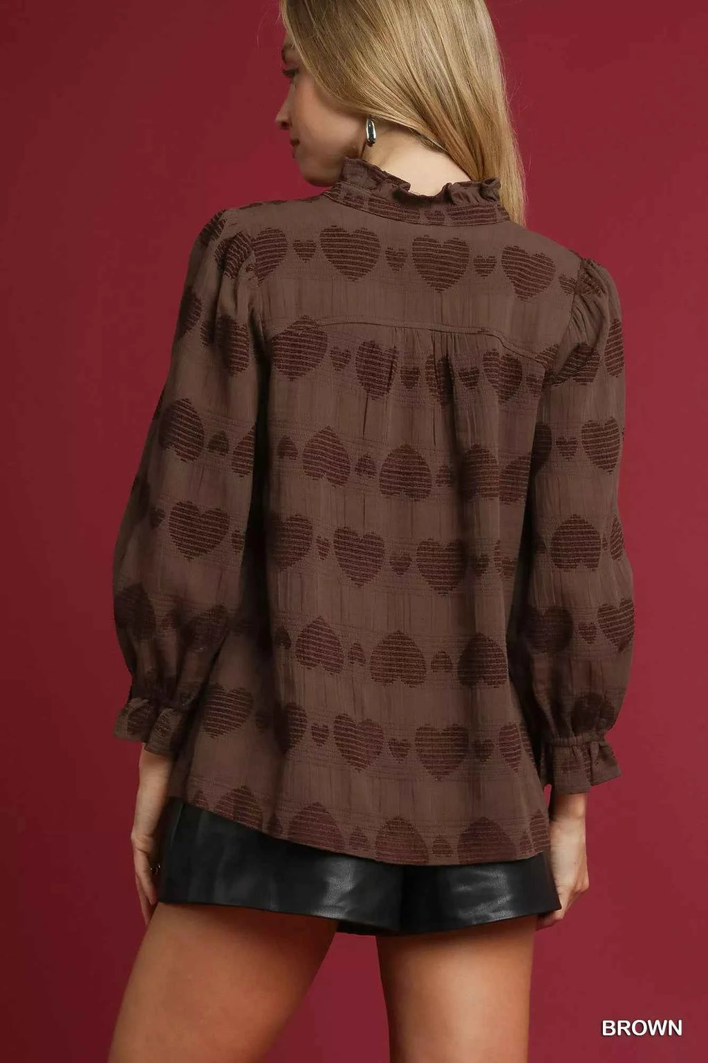 Umgee Heart Jacquard Ruffle Trim Shirt 6c047a33-8ea8-46d4-94a8-81a30a04f11d-Max-Origin