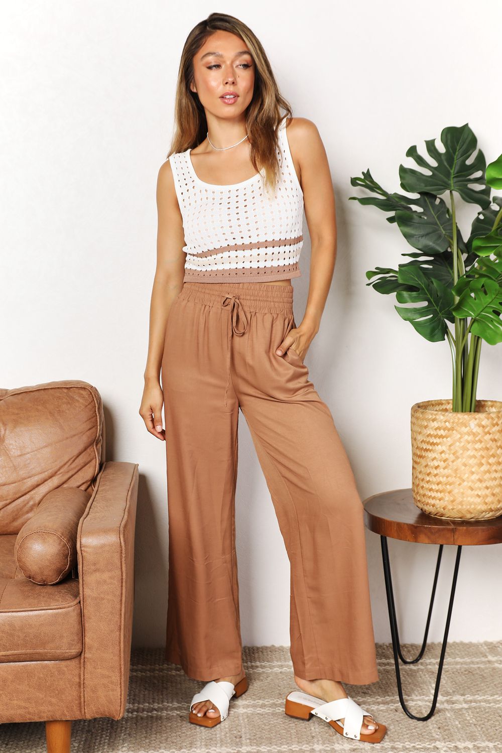 Double Take Drawstring Smocked Waist Wide Leg Pants 6c0637cf12554c61994663ddff94a4ff-Max