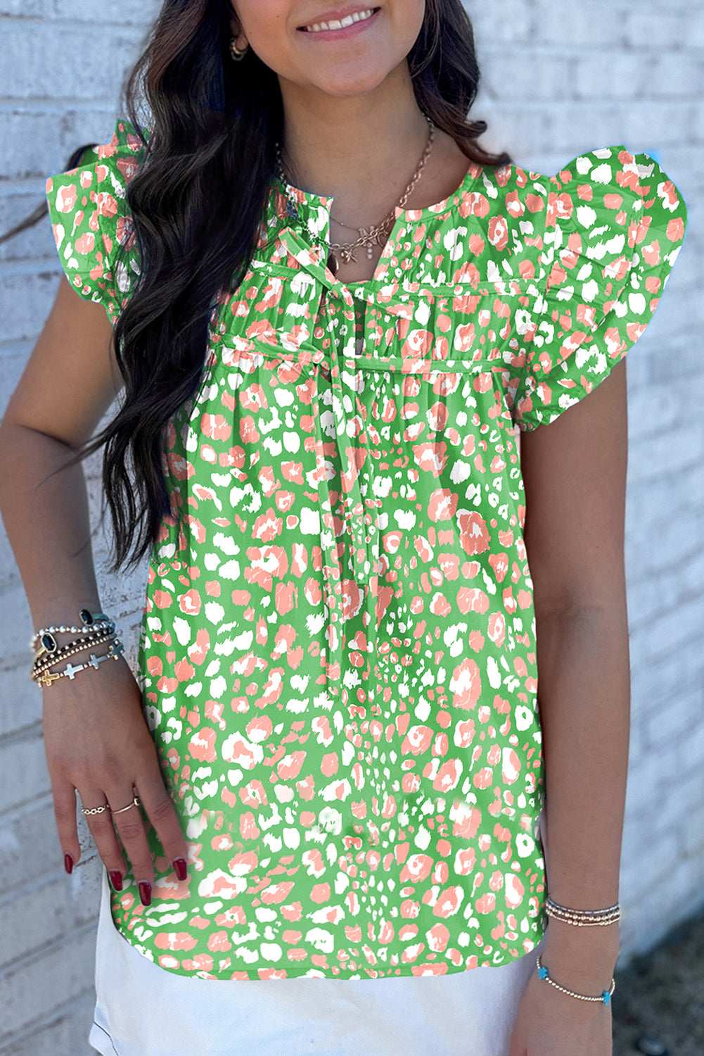 Green Abstract Leopard Tie Front Flutter Sleeve Blouse Green 6c0dc7d1ba35477a-_1