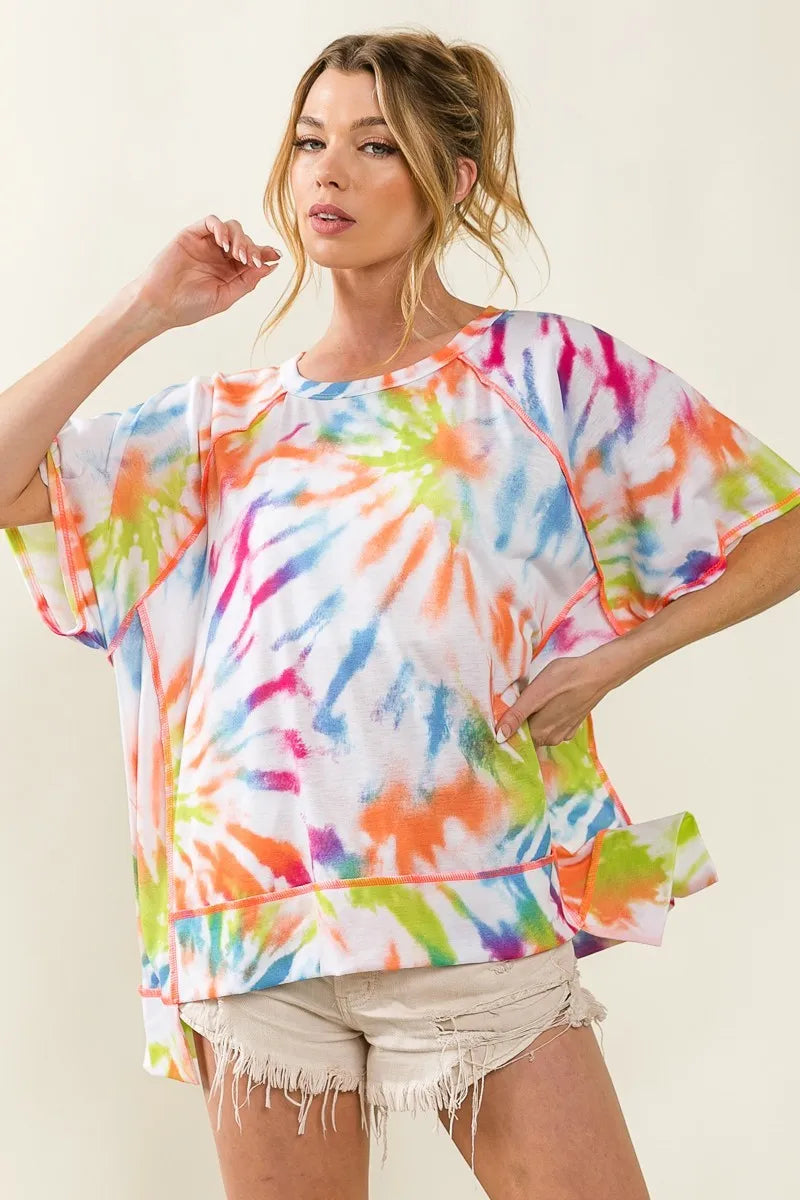 BiBi Tie Dye Print Jersey Stitched Uneven Hem Top 6c166f526afb4012abb66b6c818733b8-Max-Origin