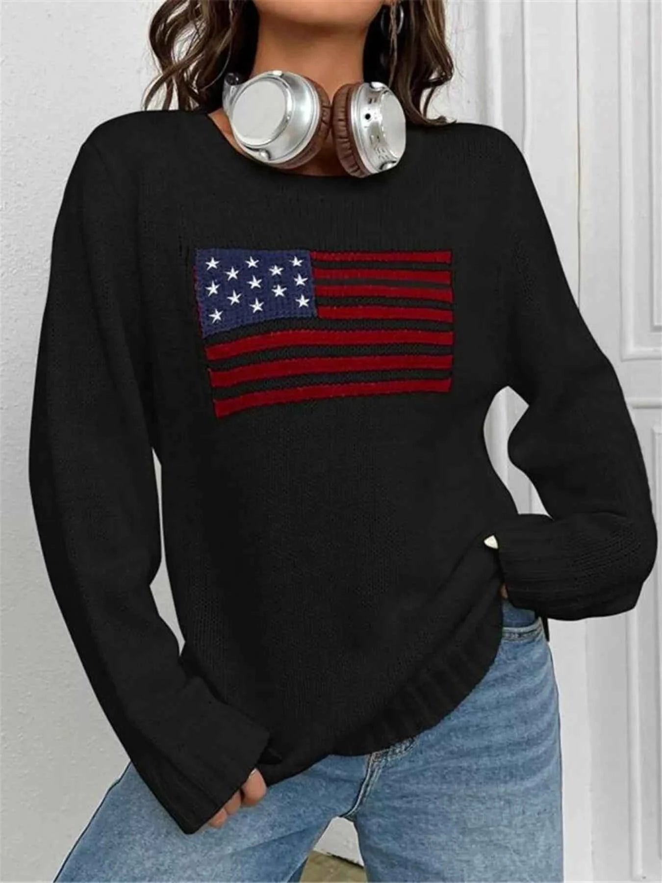 US Flag Round Neck Long Sleeve Sweater Black 6c1676ebc13c4e4989c45df8c76e9b2d-Max-Origin