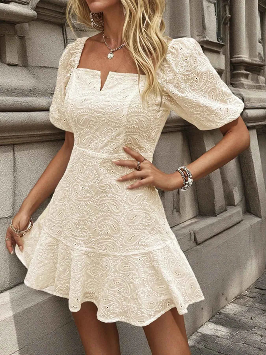 Eyelet Puff Sleeve Mini Dress Apricot 6c37f4812fbd43cd921035663028d52a-Max-Origin