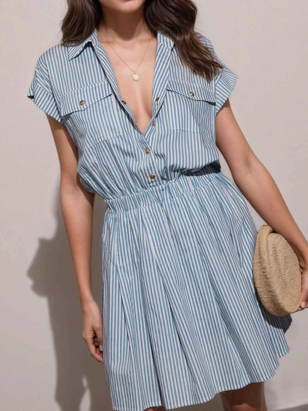 Hlaf Button Striped Cap Sleeve Mini Shirt Dress 6c449436-e20b-43b6-bb59-d1433779bf7a-Max-Origin
