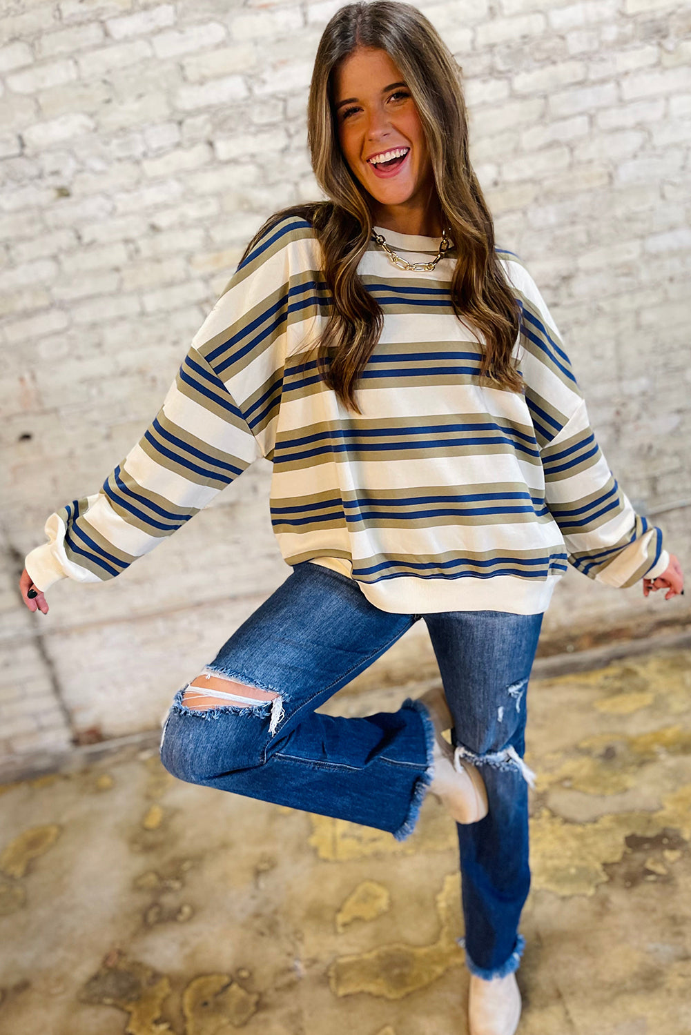 Khaki Striped Crew Neck Drop Shoulder Pullover Sweatshirt 6c44b3e7ff2bb353