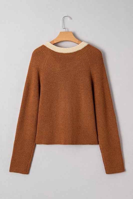 Contrast Trim Buttoned V-Neck Cropped Cardigan 6c47b8bd-264f-4aaf-94ad-ac1eb4f81dd7