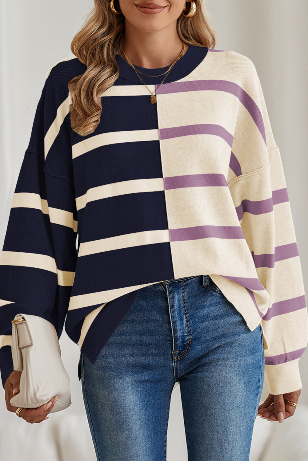 Blue Stripe Exposed Seam Patchwork Loose Sweatshirts Blue Stripe 6c4b891928c9b19e