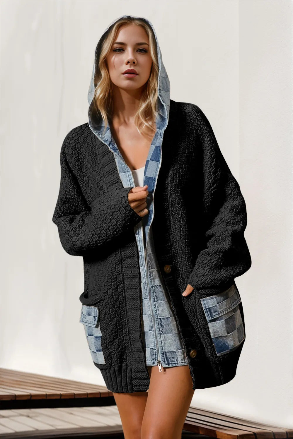 Double Take Full Size Hooded Denim Spliced Sweater Cardigan Black 6c7569c9-3742-466b-8841-a18786eb4975-Max