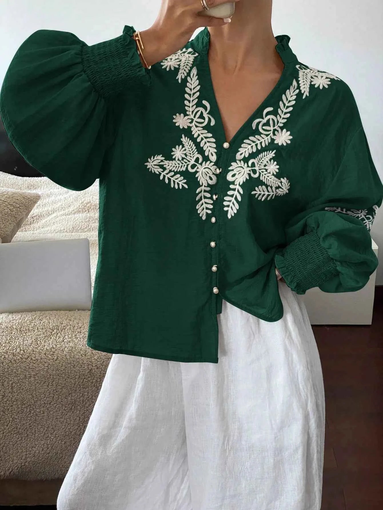 Embroidered Lantern Sleeve Blouse Dark Green 6c789aa8-69d5-4f0a-a57d-91743412ef07-Max-Origin