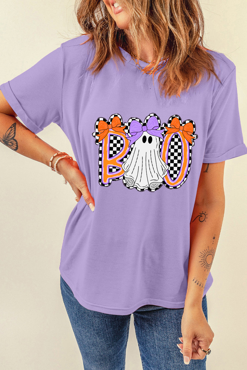 Wisteria Boo Checkered Ghost Heat Transfer Printing Crewneck Graphic Tee 6c91b178e0a89370