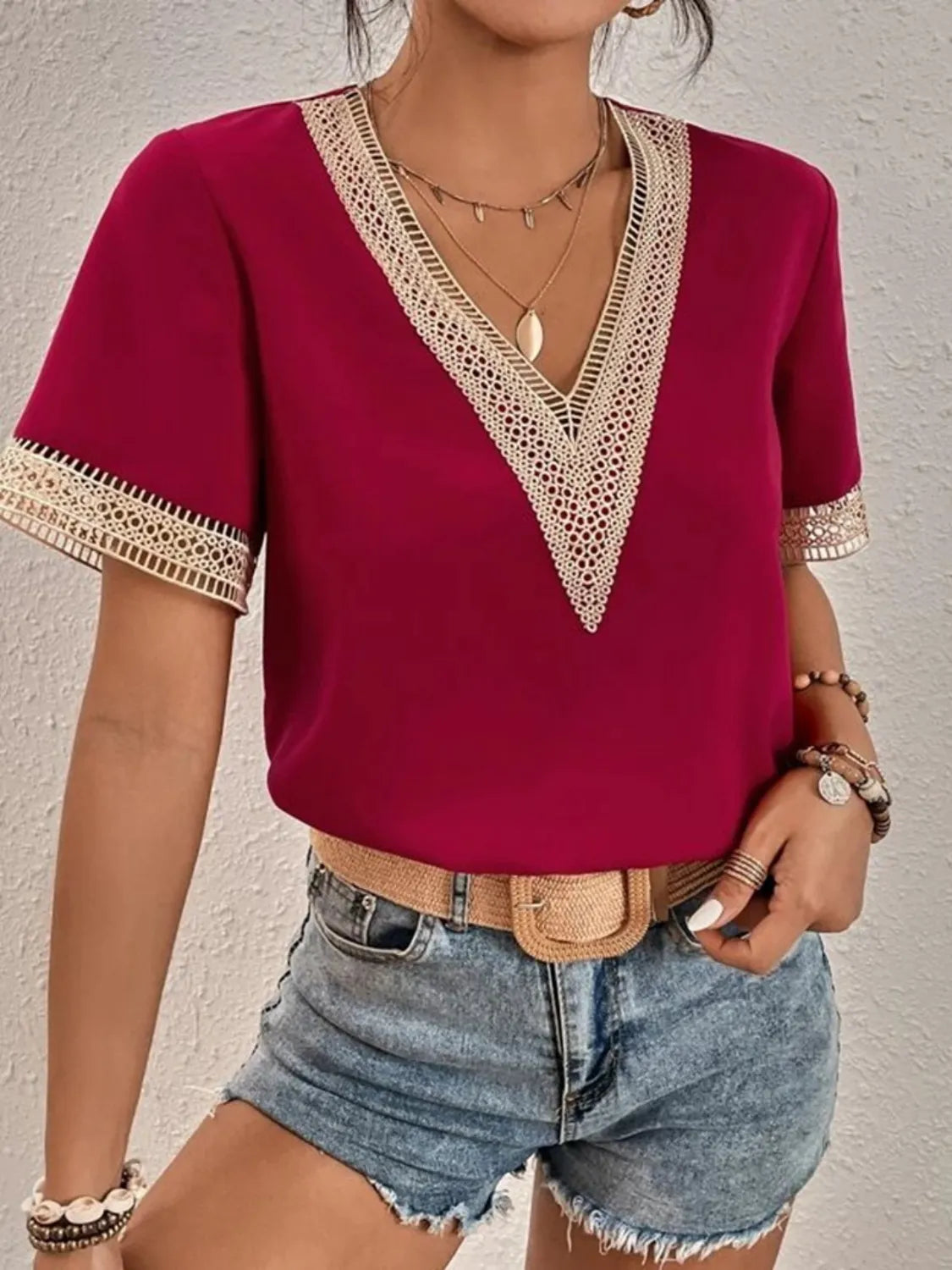 Full Size V-Neck Short Sleeve Blouse Plus Size Scarlet 6cc8b65e-50b6-4eef-9bad-b227d2f1ad54-Max-Origin