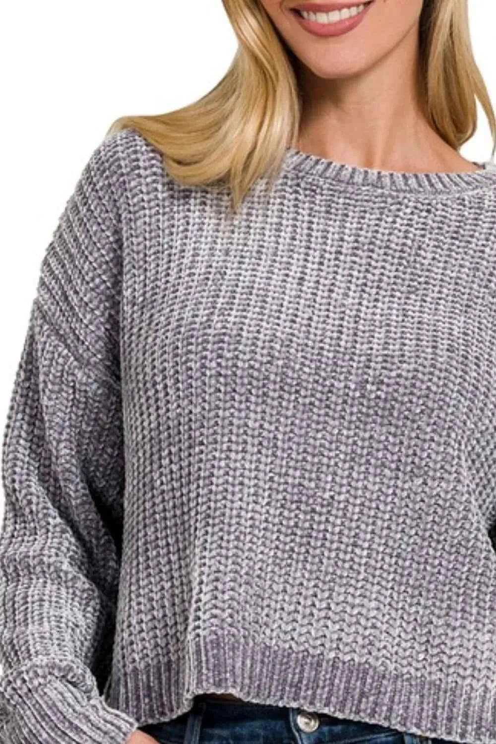 Zenana Chenille Round Neck Crop Sweater 6cd824c8-b188-4cfe-b513-9e68afa796c9-Max-Origin